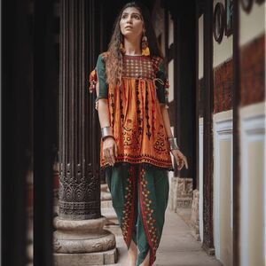 NWT Mesmora Green Orange Embroidered Kedia And Tulip Pants Set Medium‎